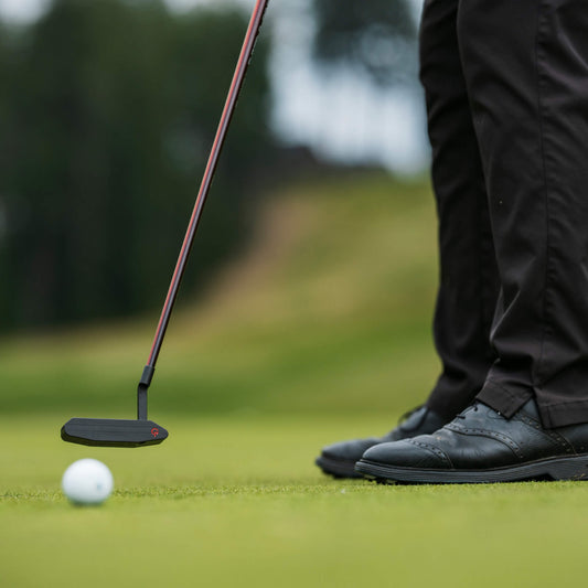 A person standing with a golf putter and ball on a green.