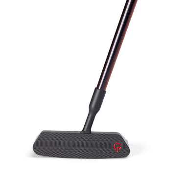 A broom with a black textured head and a long handle.
