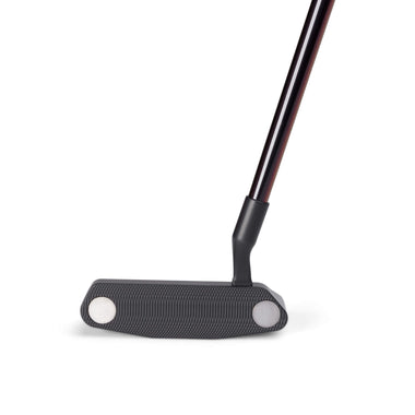 A close-up of a black golf putter head against a white background.