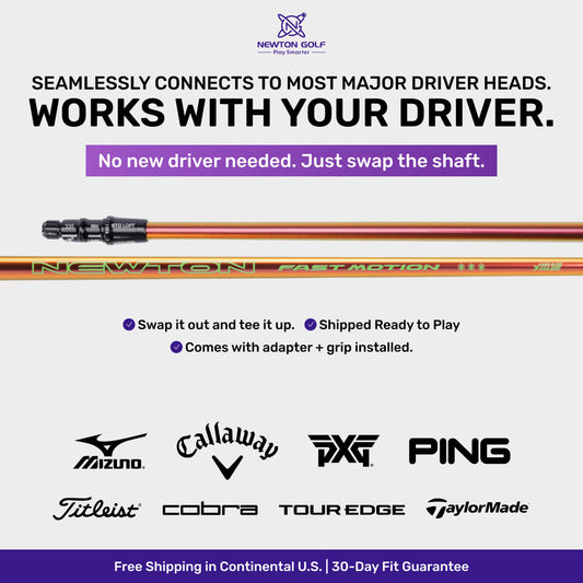Golf shaft with text highlighting compatibility and logos of various golf brands.