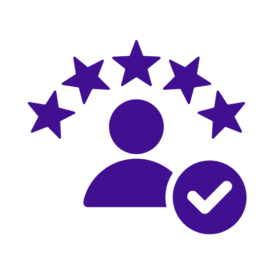 A purple icon of a person with five stars above and a check mark beside them.