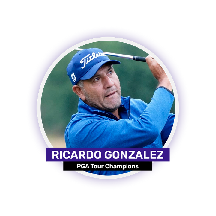 A man in a blue cap is swinging a golf club on a purple background with the text