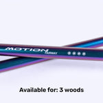 Close-up of two iridescent golf club shafts labeled "MOTION FAIRWAY" crossing each other with text "Available for: 3 woods" below.