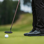 A person standing with a golf putter and ball on a green.