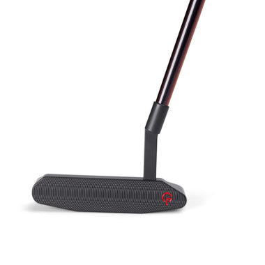 A black golf putter with a textured face and a red detail on the side.