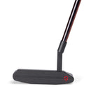 A black golf putter with a textured face and a red detail on the side.