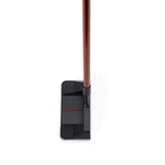 A broom with a sleek black and red dustpan attached to a brown handle.