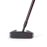 A putter golf club head with a red logo on the face.