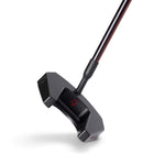 A black golf putter with a red logo on the head.