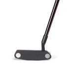 A close-up of a black golf putter head against a white background.