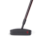 A golf putter head with a textured surface and a red logo.