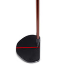 A black golf putter head with a red alignment line and brown shaft.