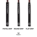 Three golf putter grips labeled as pistol grip, round grip, and flat grip with "GRAVITY" branding.