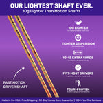 A promotional image for a golf shaft with specifications and benefits highlighted against a purple background.