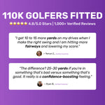 Text highlighting positive reviews from verified customers, mentioning improved golf performance and satisfaction.