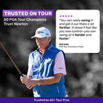A golfer with a club is featured alongside text promoting trust in Newton by PGA Tour champions.