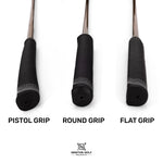 Three types of golf club grips labeled as pistol grip, round grip, and flat grip with a Newton Golf logo below.