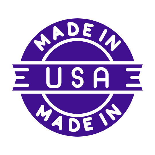 A purple circular badge with the words "Made in USA."