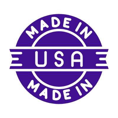 A purple circular badge with the words "Made in USA."