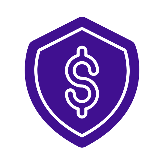 A purple shield icon with a dollar sign in the center.