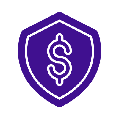 A purple shield icon with a dollar sign in the center.
