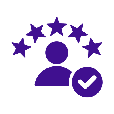 A purple icon of a person with five stars above and a check mark beside them.