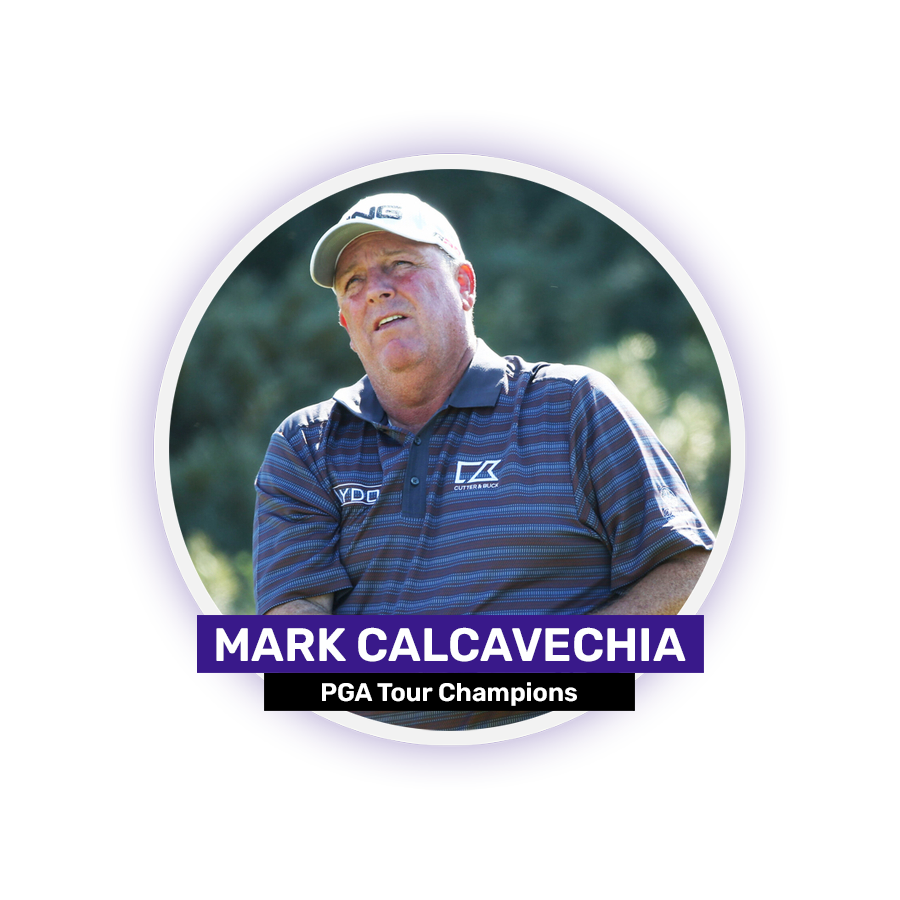 A person wearing a striped polo shirt and cap with the text "Mark Calcavecchia PGA Tour Champions" below.