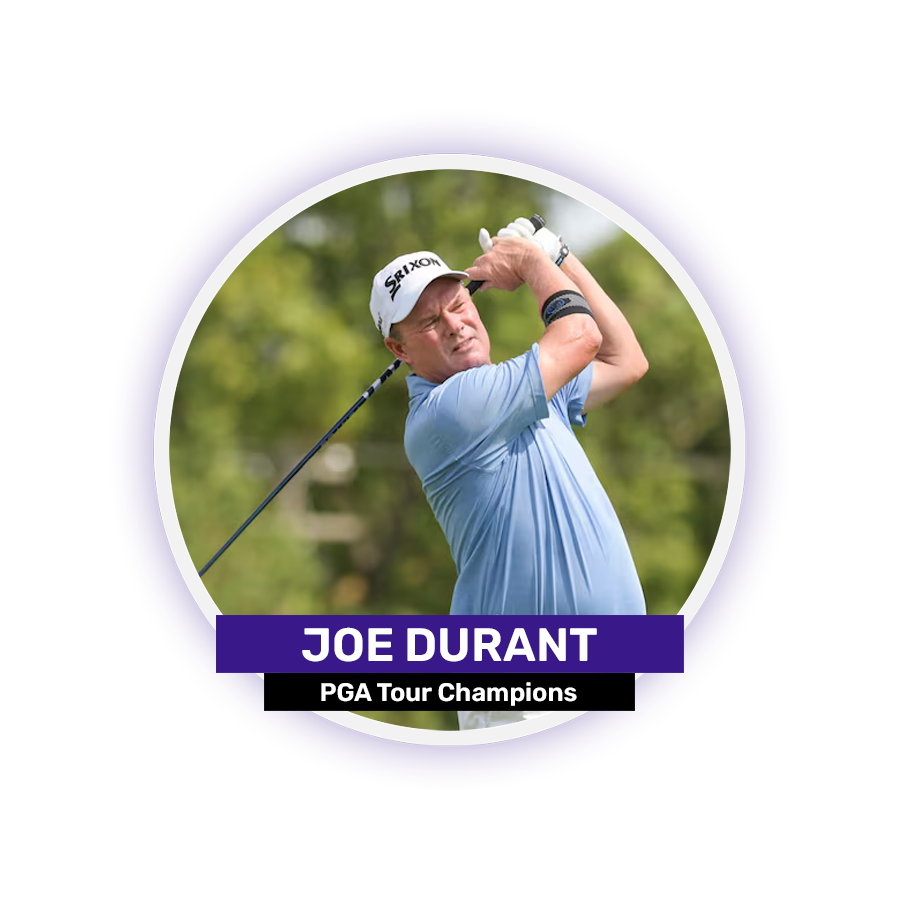A golfer in a blue shirt and white cap swinging a club with text reading "Joe Durant, PGA Tour Champions."