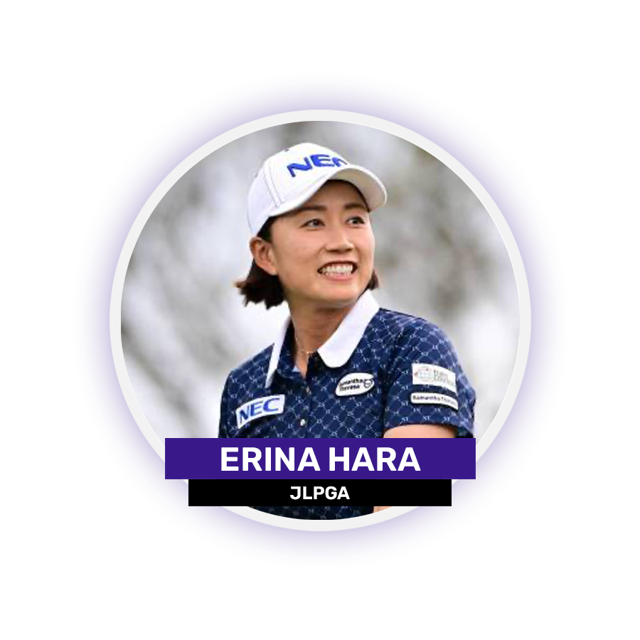 A person wearing a cap and sports attire with branding logos against a purple background.