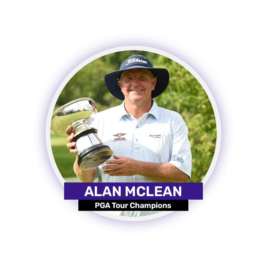 A man wearing a hat holding a trophy in a park with text "ALAN MCLEAN PGA Tour Champions."