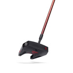 A black and red golf putter with a metallic shaft is angled against a white background.
