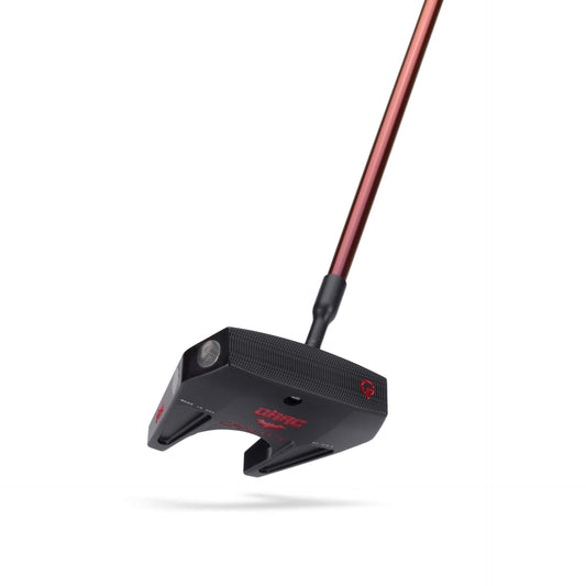 A black and red golf putter with a metallic shaft is angled against a white background.