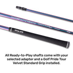 Close-up of Newton Motion golf shafts with Golf Pride grip, showing colorful design and text detailing.