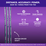Promotional image of Newton Motion driver shaft highlighting distance, accuracy, and driver compatibility benefits.