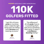 Text on a purple background stating "110K Golfers Fitted" with customer testimonials from Terryn C. and Ryan B.
