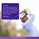 A golfer in a white cap and blue shirt swings a club beside a purple text box with a testimonial about improved performance.
