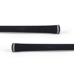 Two black textured grips with white stripes on their ends.