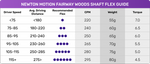 Chart showing Newton Motion Fairway Woods Shaft Flex Guide with driver speed, average driving distance, recommended flex, CPM, weight, and torque.